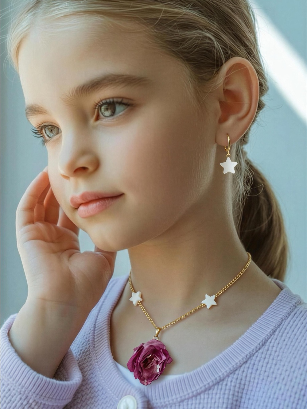 Children's Gold Star Necklace and Earring Set with Pink Rose Pendant